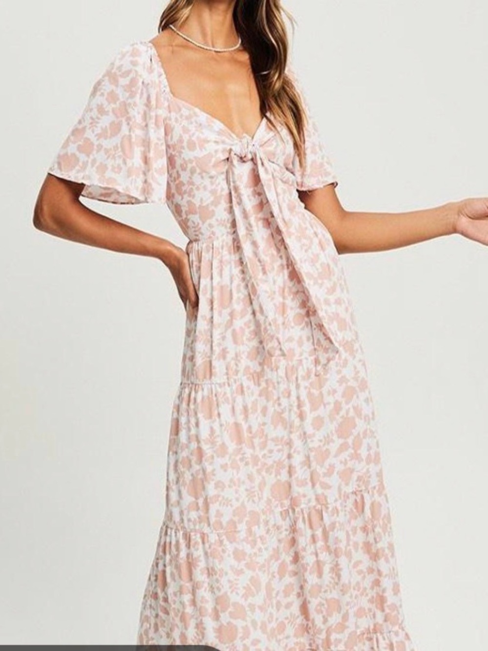 Blush Pink Floral Tie-Front tiered Maxi Dress